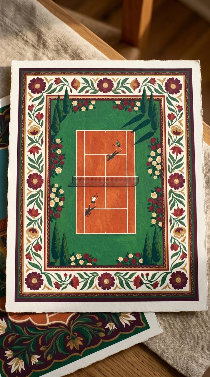 The Court from Above, printed on cotton paper, on linen.