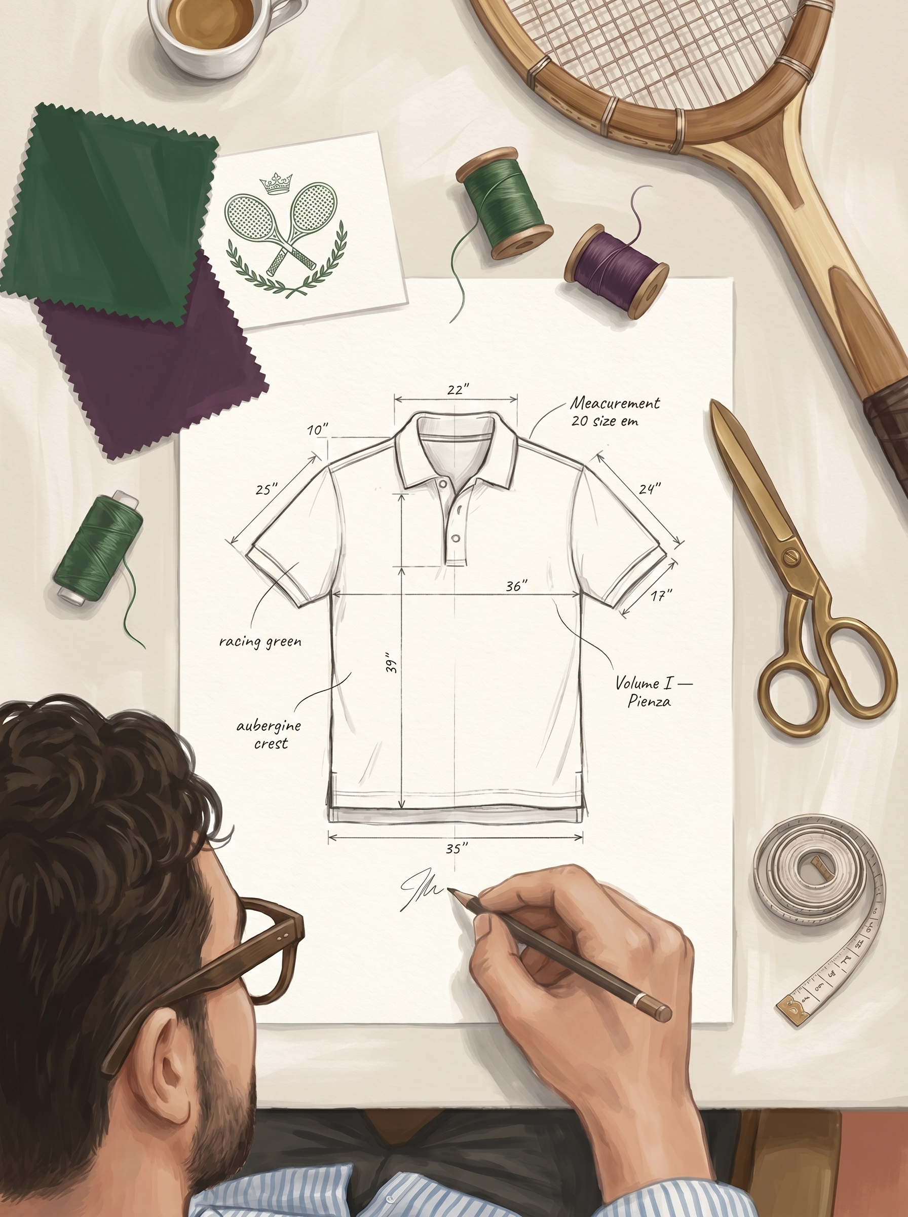 Samuel sketching the first polo, fabric swatches and tools on the desk.